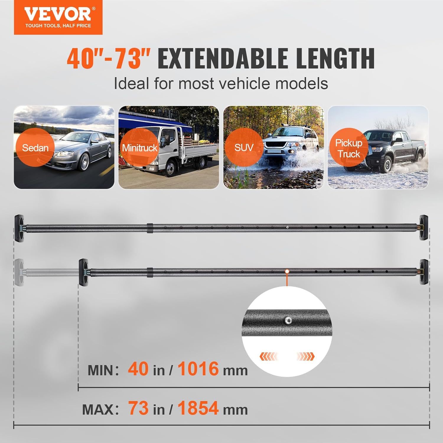 VEVOR Cargo Bar, Truck Bed Bar Adjustable from 40 to 73, Heavy-Duty Steel Cargo Stabilizer Bar with 220 lbs Capacity, Truck Load Bar Stop Sliding for Pickup Truck Bed, SUV